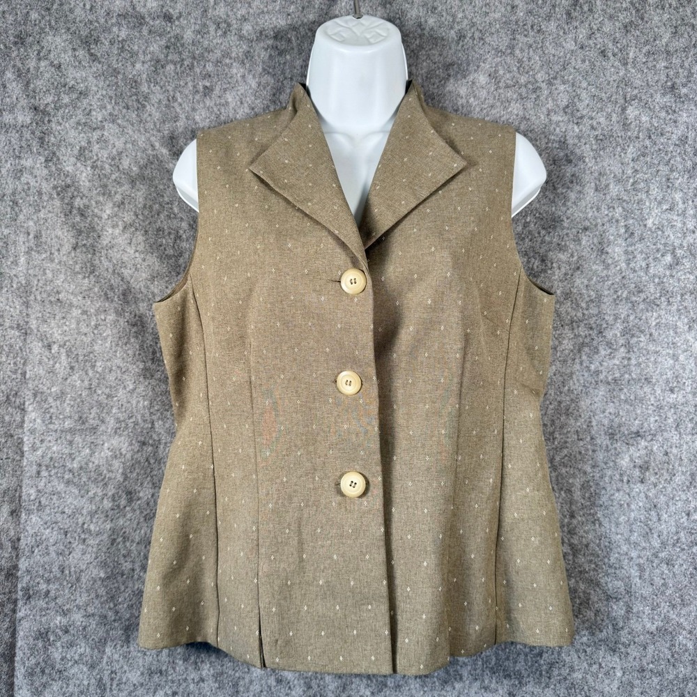 Vtg Lapel Waistcoat Vest Womens 8P Taupe Button Front Academia Twee Tradwife